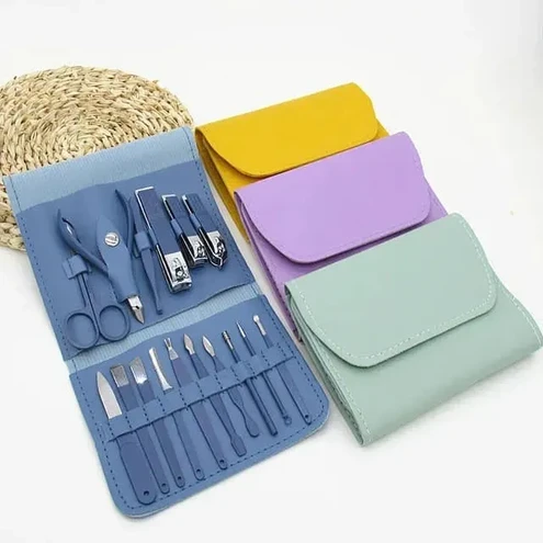 Multicolour Stainless Steel Nail Cutter Kit for Men & Women with Leather Bag - Travel Grooming Set for Facial, Cuticle, & Nail Care