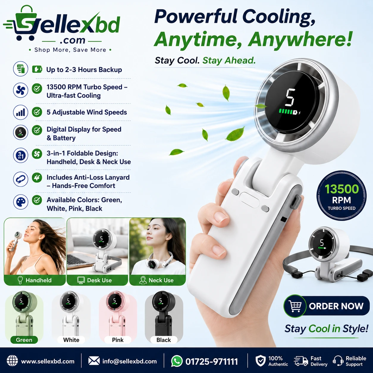 Turbo Fan Handheld Rechargeable Fan Portable Mini Hand Fan USB Rechargeable Foldable Hanging Neck Fan - 1