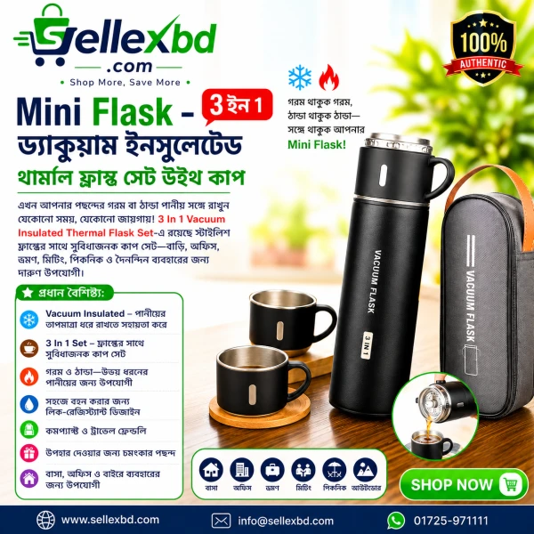 Mini Flask – 3 In 1 Vacuum Insulated Thermal Flask Set With Cup Set