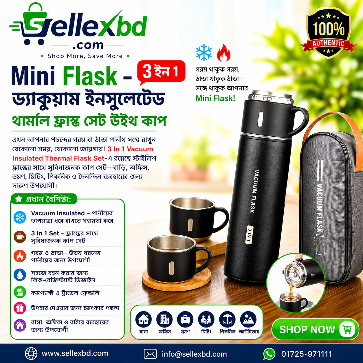 Mini Flask – 3 In 1 Vacuum Insulated Thermal Flask Set With Cup Set - 1